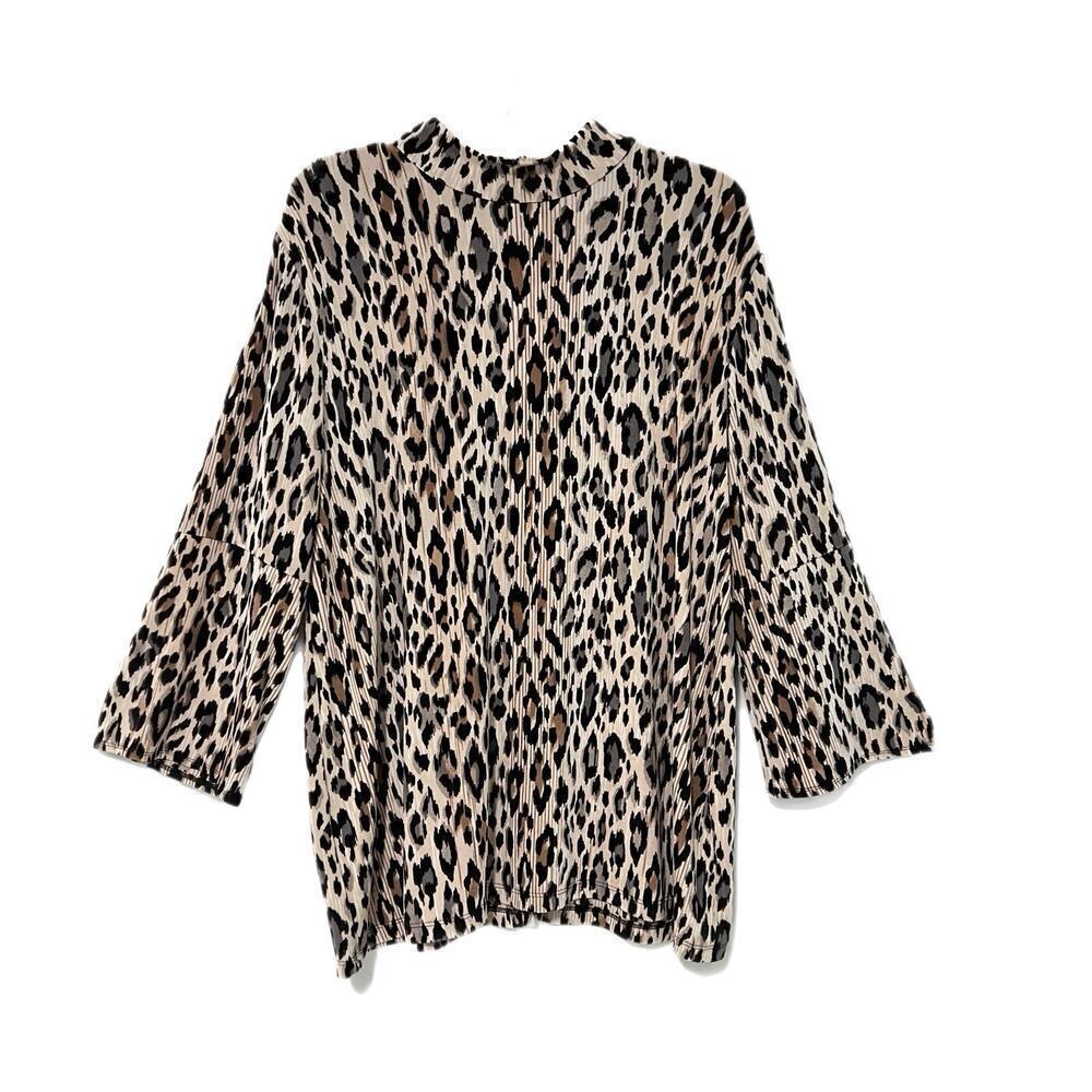Chico’s Travelers Brown Animal Mockneck Zipper Slinky Blouse Size 3 US 16-18